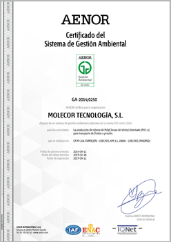 Certificado AENOR ISO 14001:2015 para la producción de tubería y accesorios de Policloruro de Vinilo Orientado (PVC-O) para transporte de fluídos a presión.
