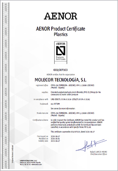 Certificado AENOR de producto, marca N para accesorios de Poli (cloruro de vinilo) Orientado (PVC-O) para sistemas de canalización de agua, conforme a la norma UNE-EN 17176.