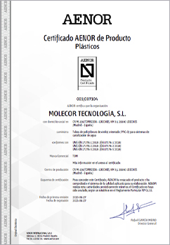 Certificado AENOR de producto, marca N para tubos de Poli (cloruro de vinilo) Orientado (PVC-O) para sistemas de canalización de agua, conforme a la norma UNE-EN 17176. Partes 1, 2 y 5
