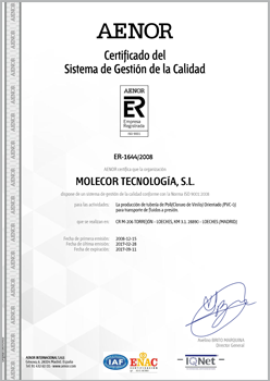 Certificado UNE-EN ISO 9001:2008 para la producción de tubería de Policloruro de Vinilo Orientado (PVC-O) para transporte de fluídos a presión.