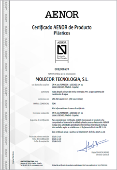 Certificado AENOR de producto, marca N para tubos de Poli (cloruro de vinilo) Orientado (PVC-O) para sistemas de canalización de agua.