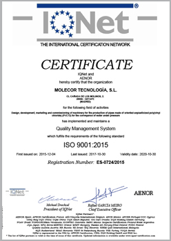 Certificado IQ Net ISO 9001:2015 for the design, development, marketing and commissioning of machinery for the production of pipes made of oriented unplasticized poly(vinyl chloride) (PVC-O) for the conveyance of water under pressure.