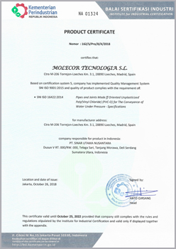 Certificado de producto conforme a la norma Indonesa SNI ISO 16422:2014.