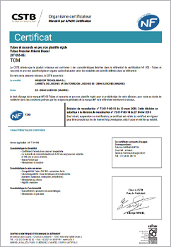Certificado AFNOR de producto,  marca NF para tubos de PVC-BO, Poly (Chlorure de Vinile) Orienté Biaxial. Marca NF para DN90 a DN500 en PN16 y DN110 a DN500 en PN25.