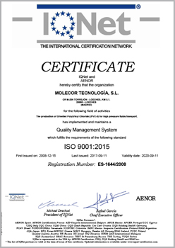 Certificado IQ Net ISO 9001:2015 for the production of Oriented Poly(Vinyl Clhoride) (PVC-0) pipes and fittings for high pressure fluids transport.